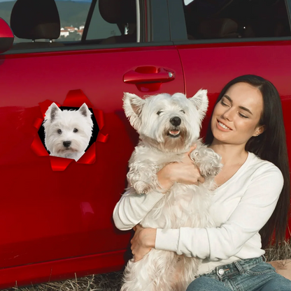 Person with a white dog, red car in the background, car sticker with dog picture.
