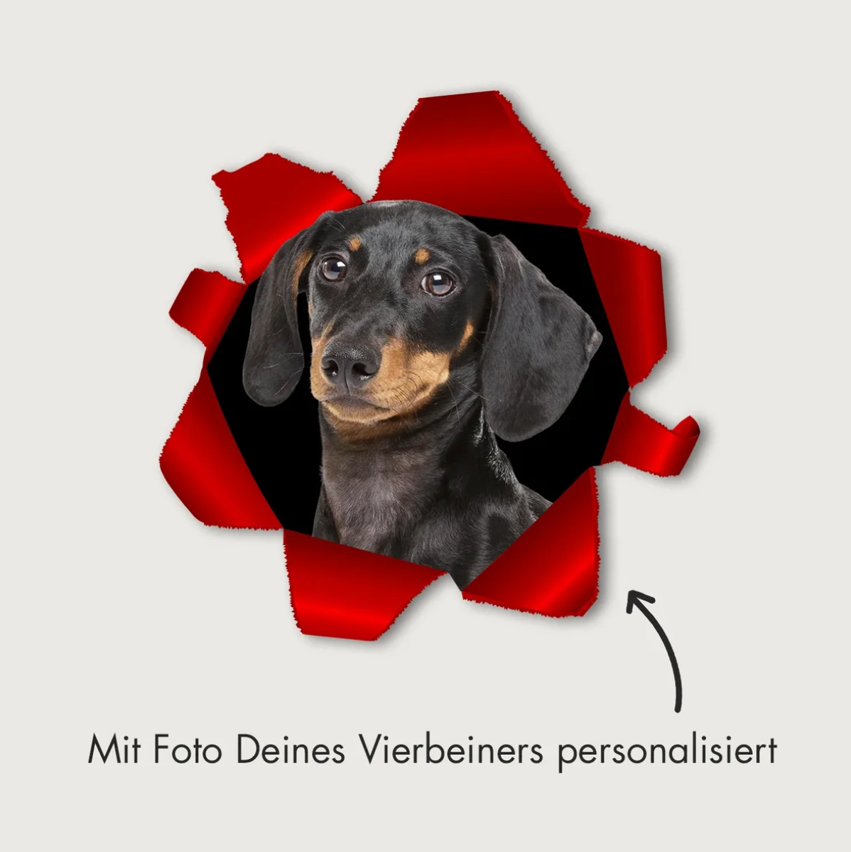 Personalized car sticker with dog picture on a red background.