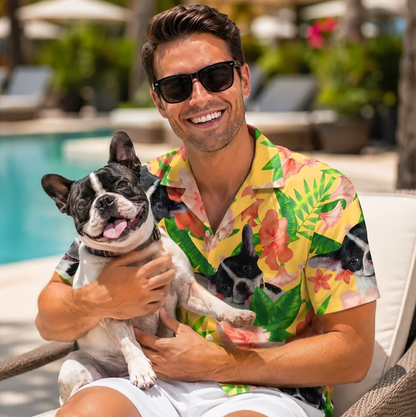 Personalized Hawaiian shirts with colourful floral and plant pattern, worn by a man with a dog.