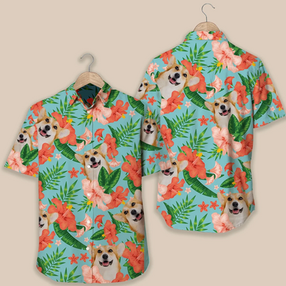 Personalized Hawaiian shirt with colourful floral design and dog motif, made of lightweight material.