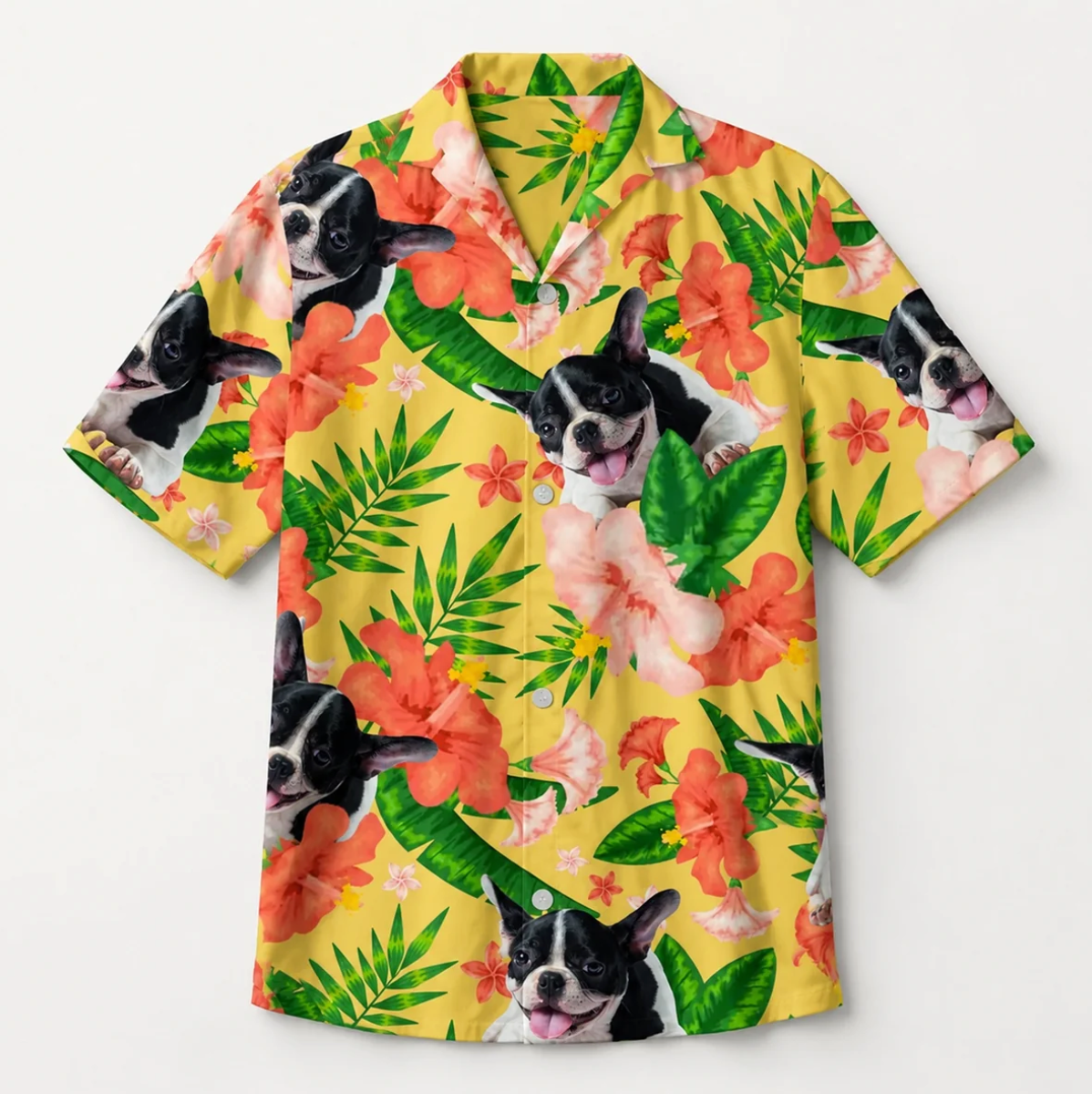 Personalized Hawaiian shirt with a colourful pattern of flowers and dogs on a yellow background.