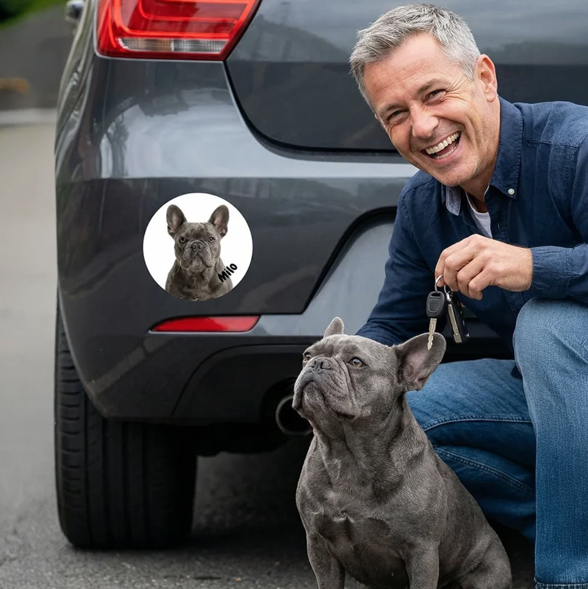 Personalized car sticker with a dog image on a grey car, next to a smiling man with a dog.