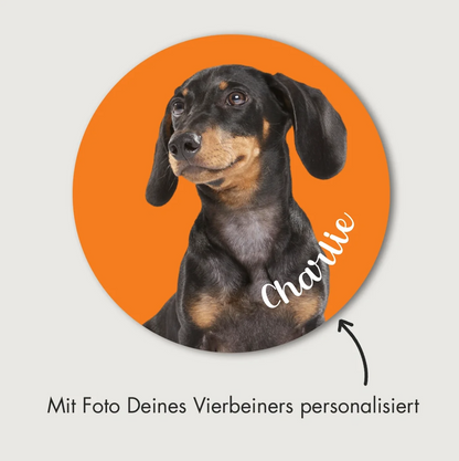 Round car sticker with dog picture, orange background and personalized text "Charlie".