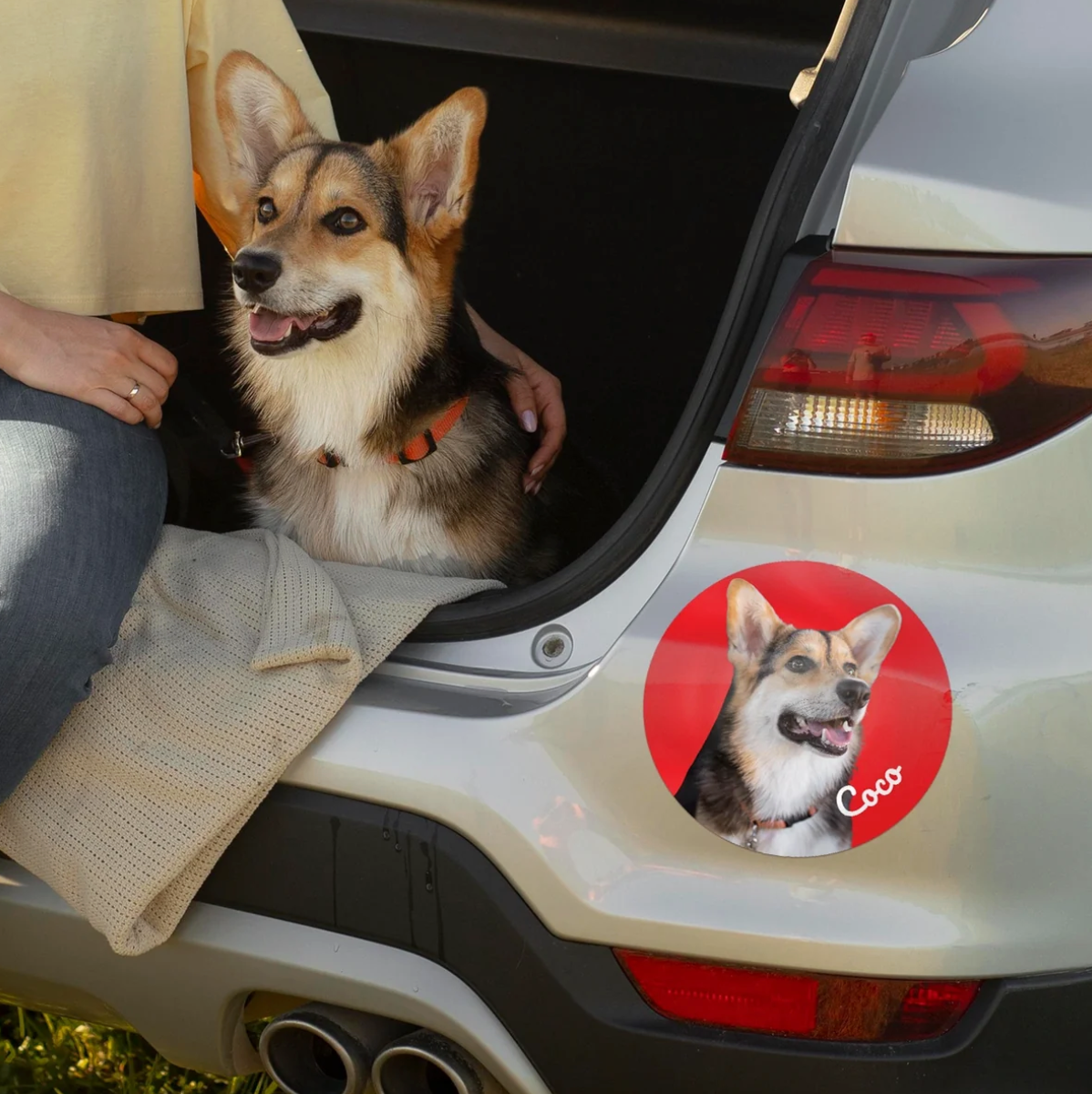 Car sticker with a photo of a dog on a car's tailgate.