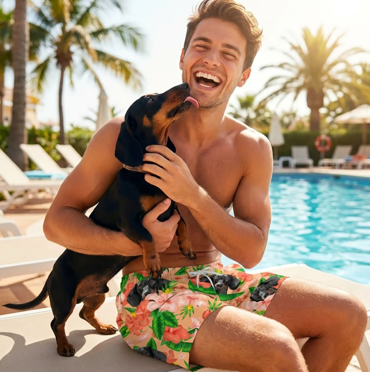 Man with black dog sitting by the pool, wearing colourful swim shorts with flower and dog pattern.
