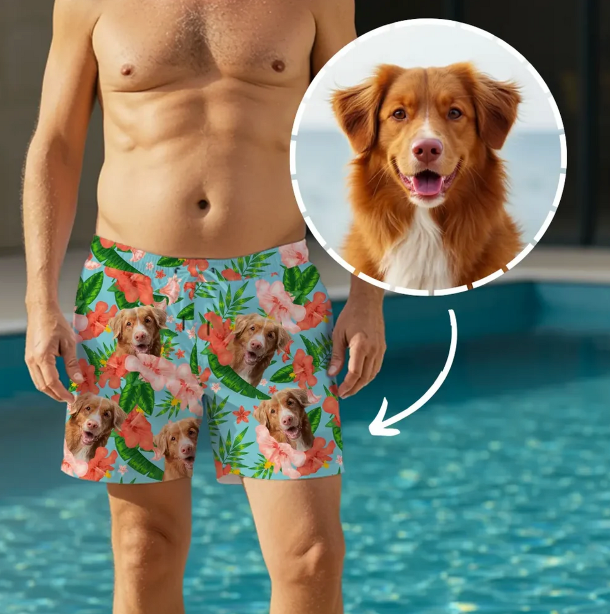 Personalized swim shorts with colourful floral design and dog motif on a blue background.