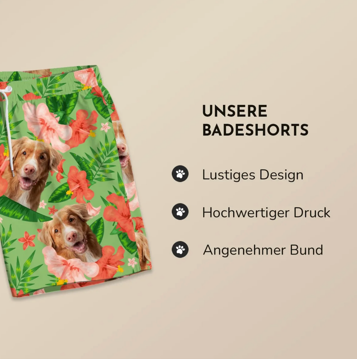 Personalized swim shorts with colourful floral design and dog picture, green background and elastic waistband.