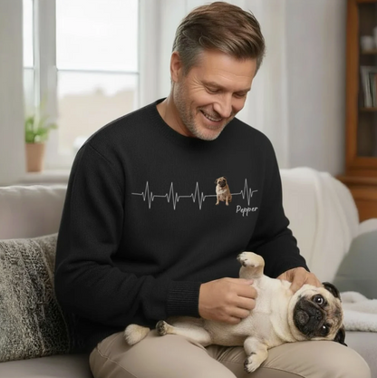 Black sweatshirt with heartbeat design and dog motif, worn by a man.