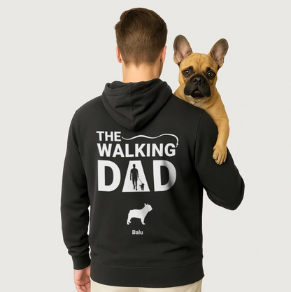 Black hoodie printed with "THE WALKING DAD" and a dog design on the back.
