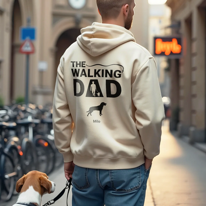 Beige hoodie printed with "THE WALKING DAD" and dog design, ideal for dog parents.