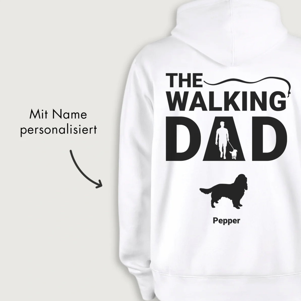 White hoodie with "THE WALKING DAD" graphic print and personalizable name.