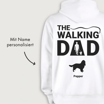 White hoodie with "THE WALKING DAD" graphic print and personalizable name.