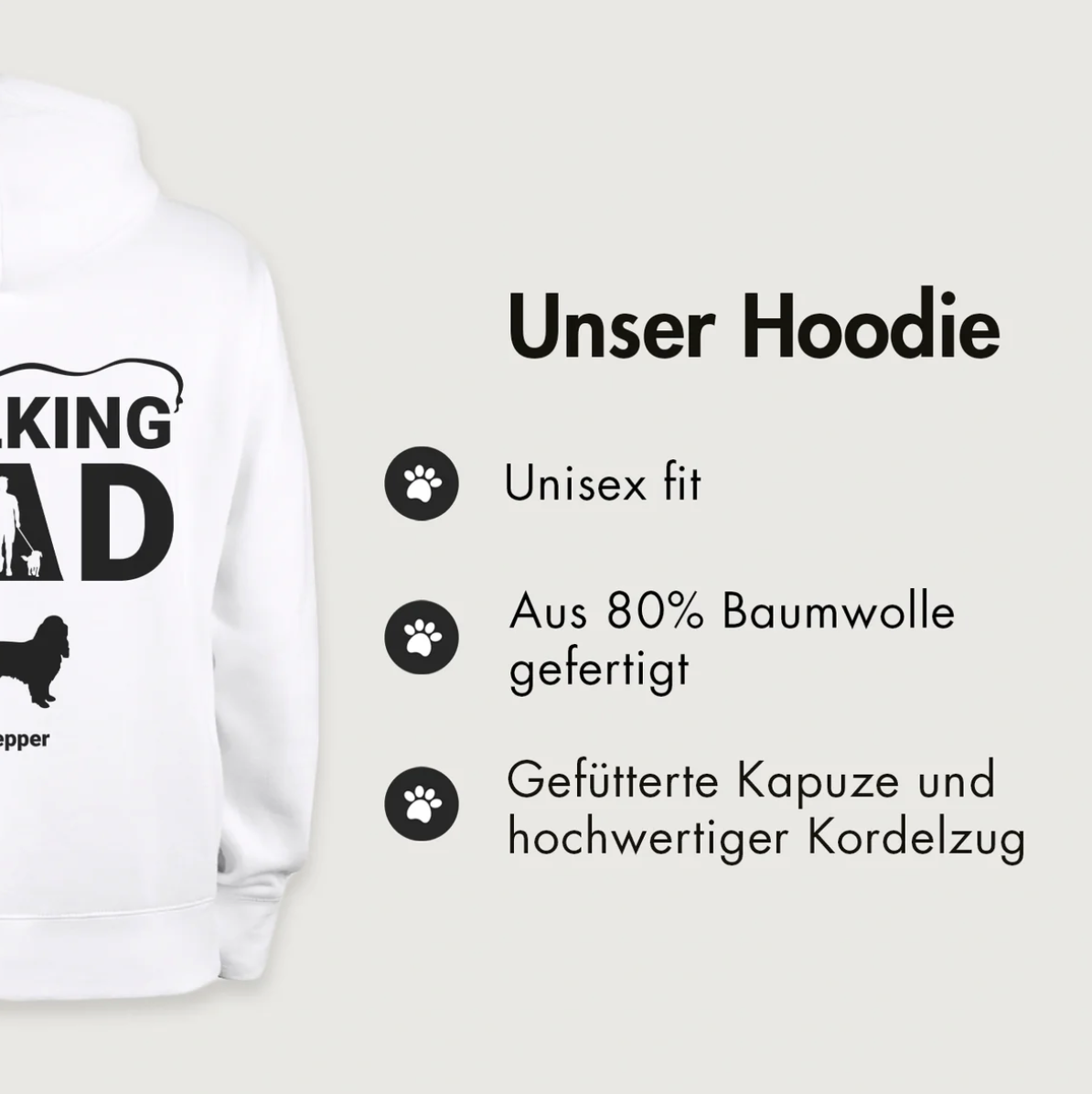 White hoodie with "The Walking Dad" lettering, 80% cotton, unisex fit, lined hood.