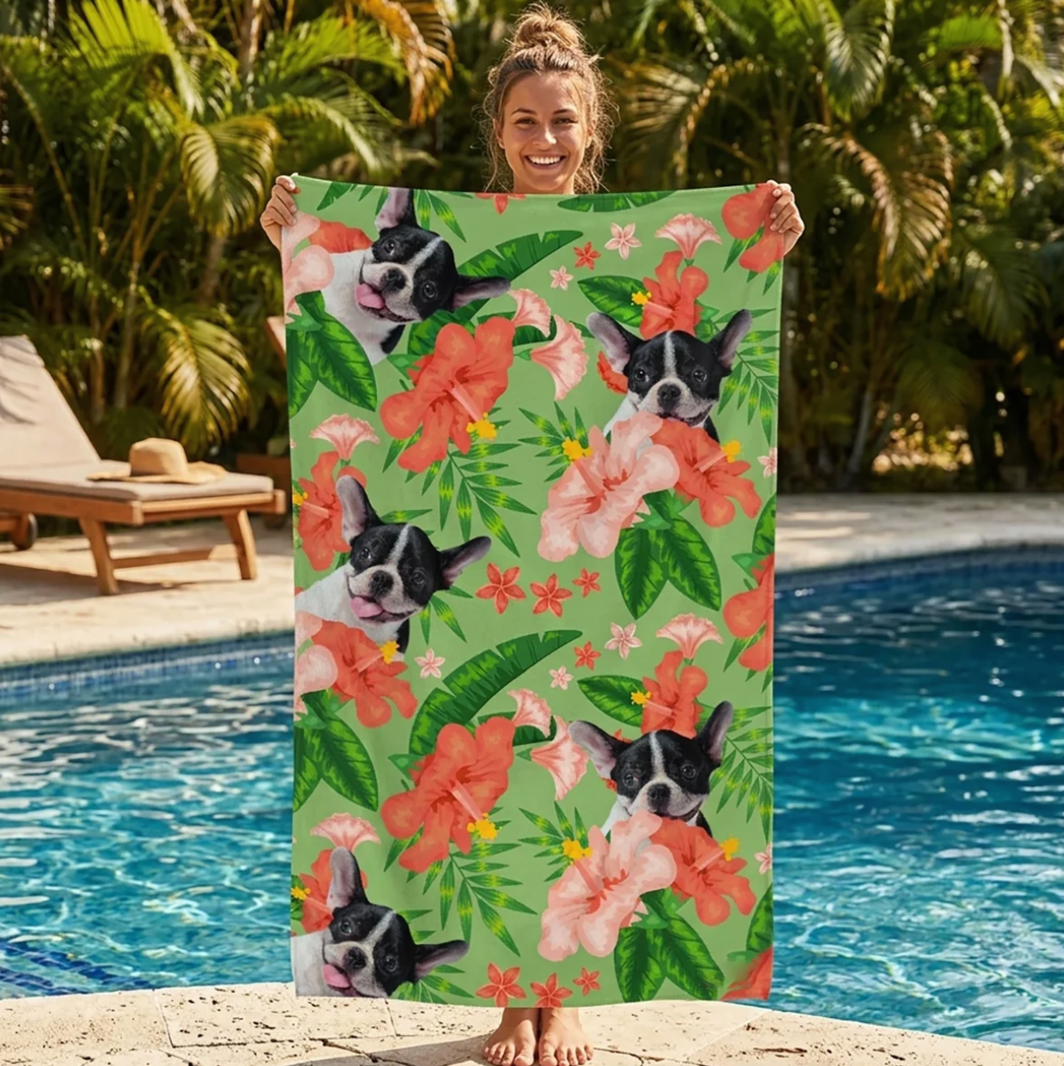 Personalizable beach towel with green background and colourful flower and dog pattern.