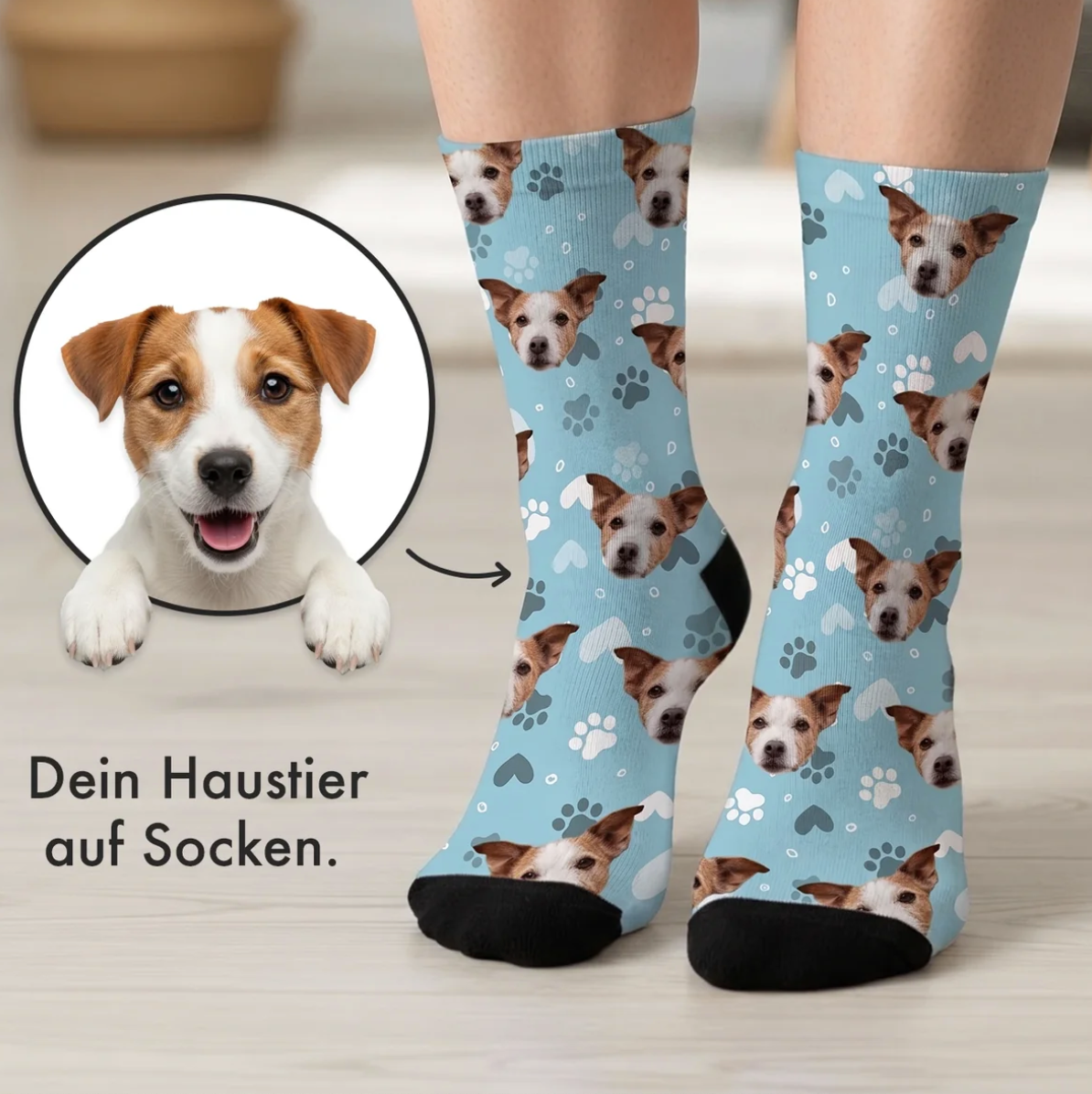 Colourful socks with dog motif on a blue background and black foot. Personalizable with pet photo.