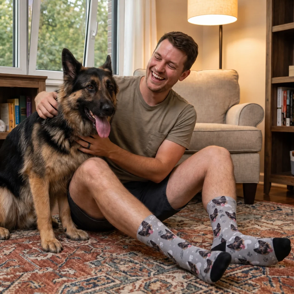 Personalized grey socks with dog motif and black and pink accents, worn by a man with a dog.