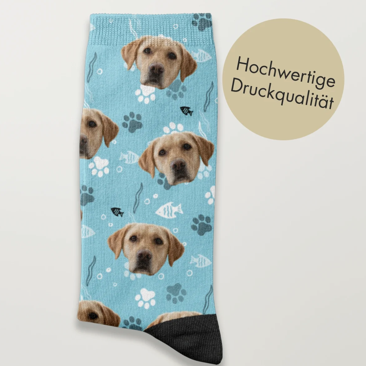 Blue socks with dog motif and paw prints, high print quality.