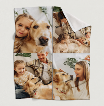 Personalized pet blanket with photos of a dog and a family in four square pictures.