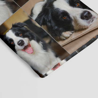 Personalized pet blanket with photos of a dog, soft and in various colours.