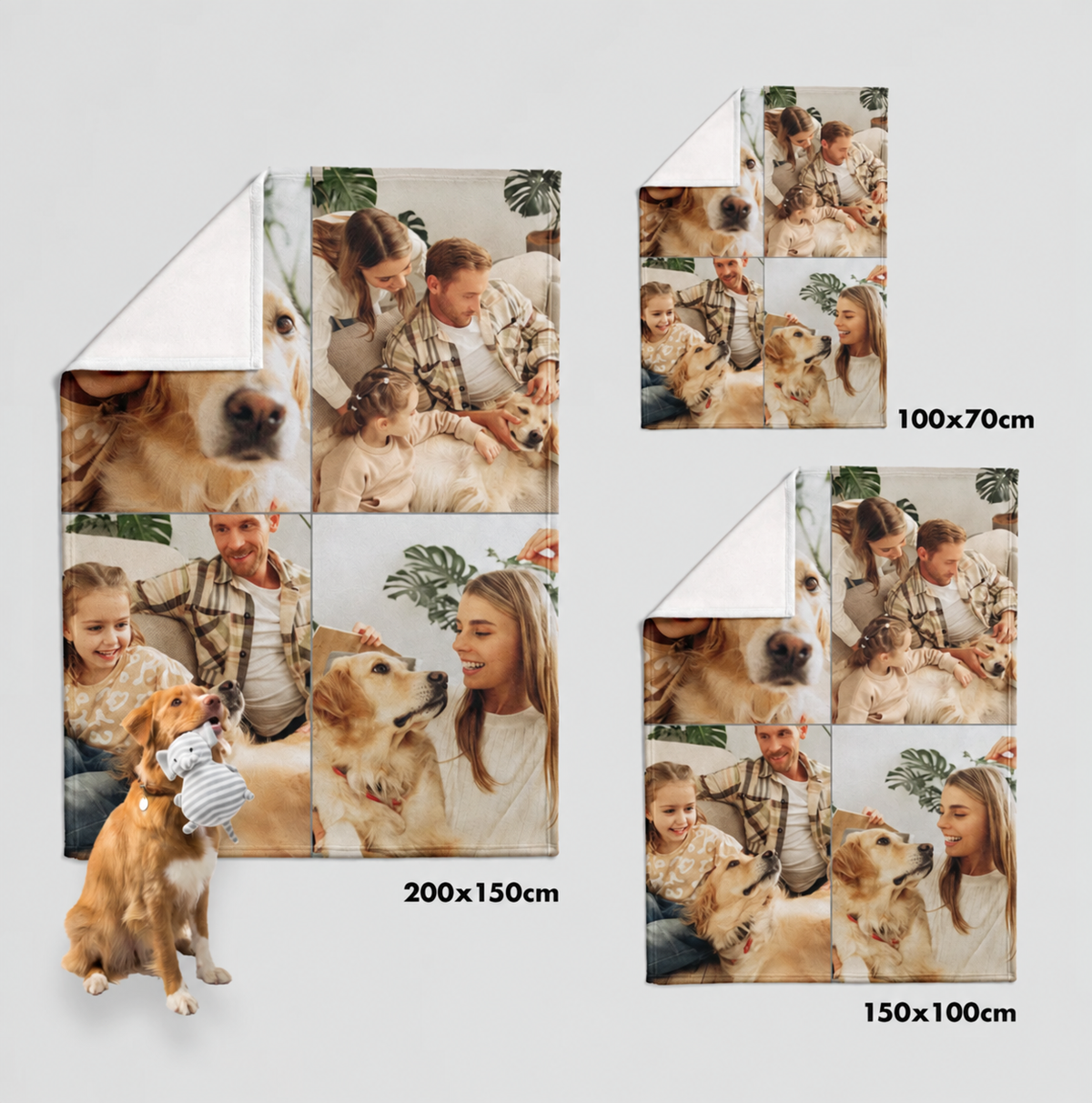 Personalized pet blanket in different sizes with photos of family and dog, soft material.
