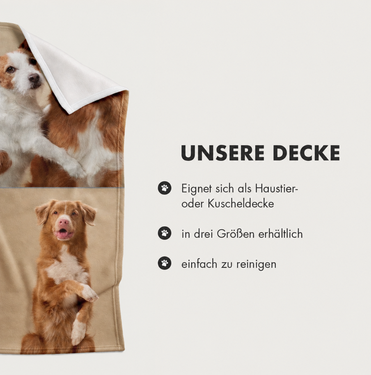 Personalized pet blanket with animal motifs, soft and available in three sizes. Ideal for cuddling and easy to clean.