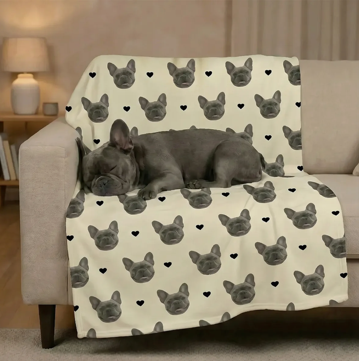 Personalized blanket with pet heads on a beige background, dog relaxing on it.