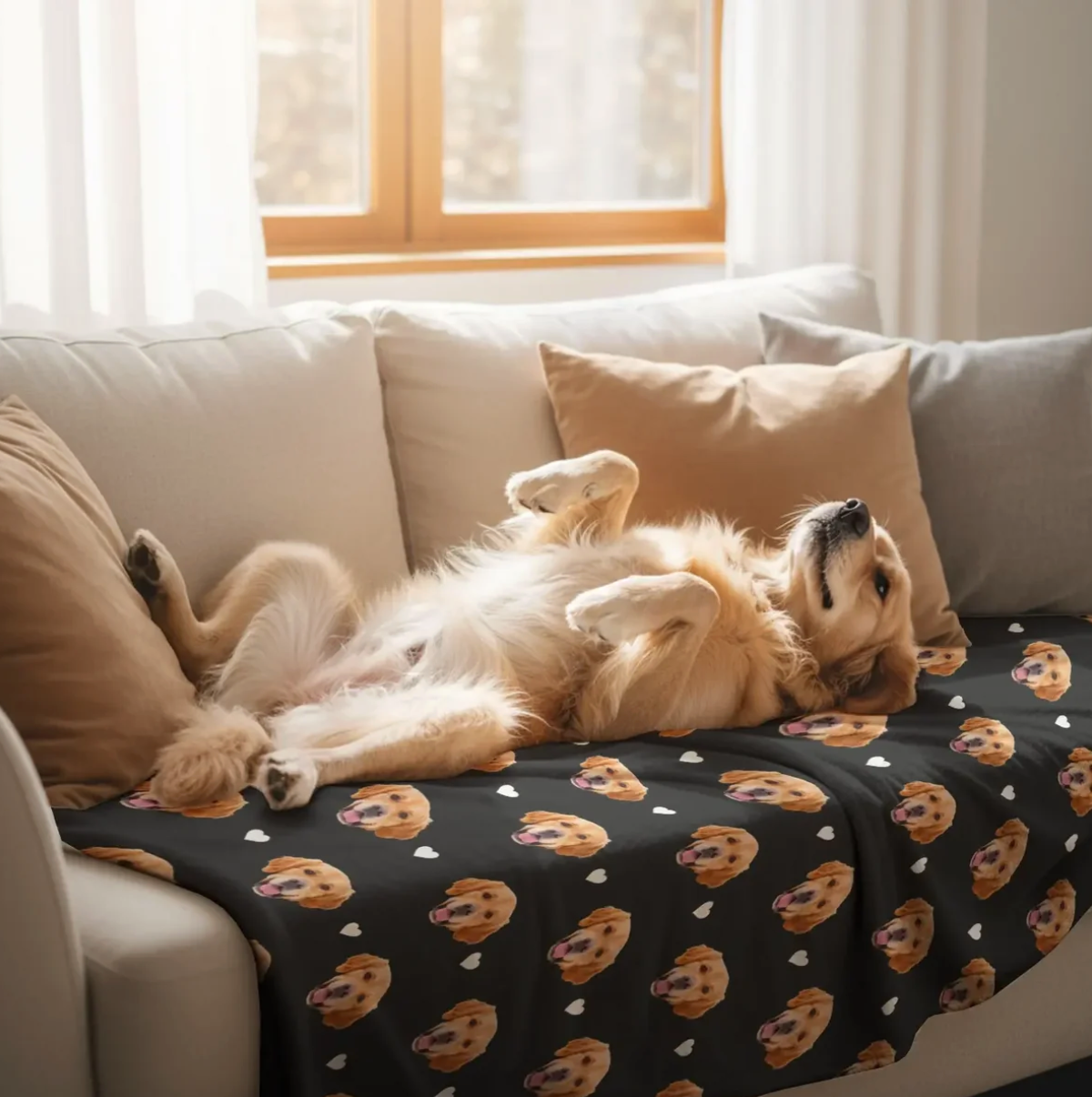 A personalized blanket with dog heads on a black background, decorated with hearts, on a sofa.