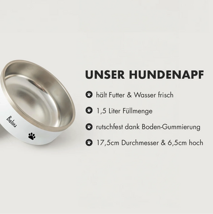 Personalized stainless steel pet bowl with white rim and black print, 1.5 liter capacity.