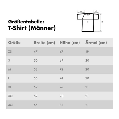 Size chart for personalized men's T-shirts with measurements in cm.