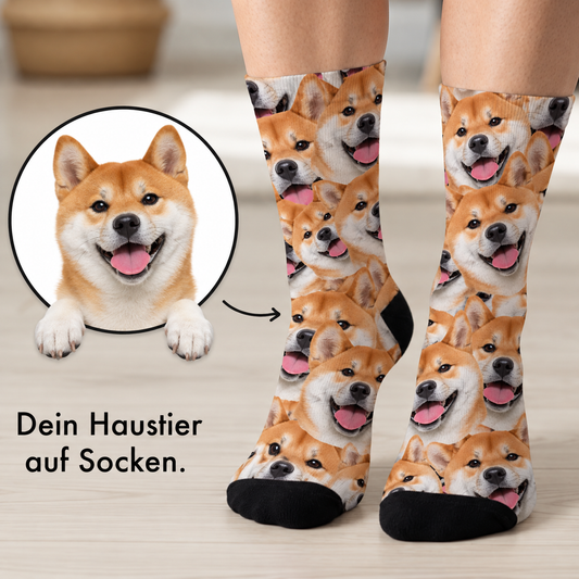 Personalized socks with photo pattern of Shiba Inu dogs on a white background.