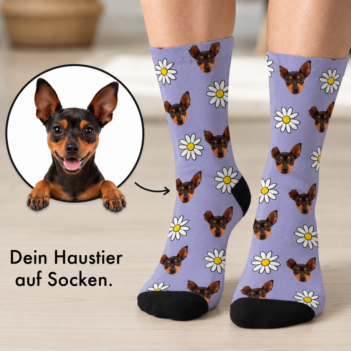Personalized socks with purple background, printed with dog faces and flowers.