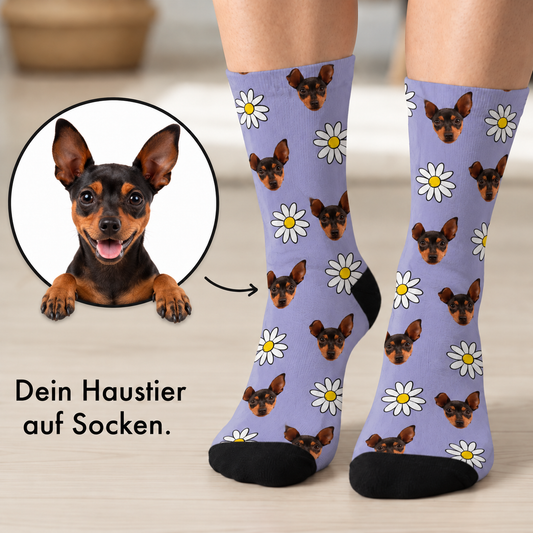 Personalized socks with purple background, printed with dog faces and flowers.
