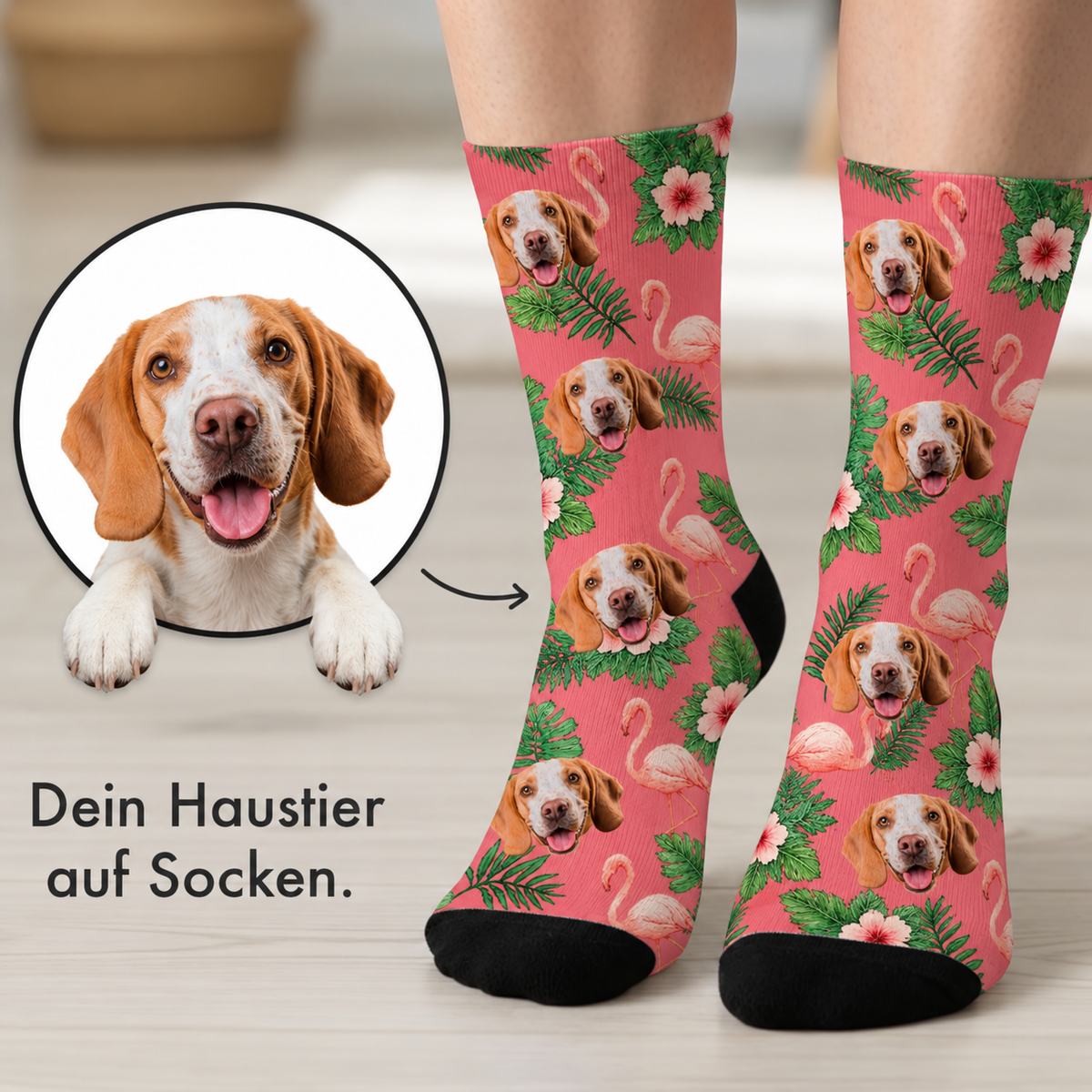 Personalized socks with a colourful Beagle design, pink background with flamingos and leaves.