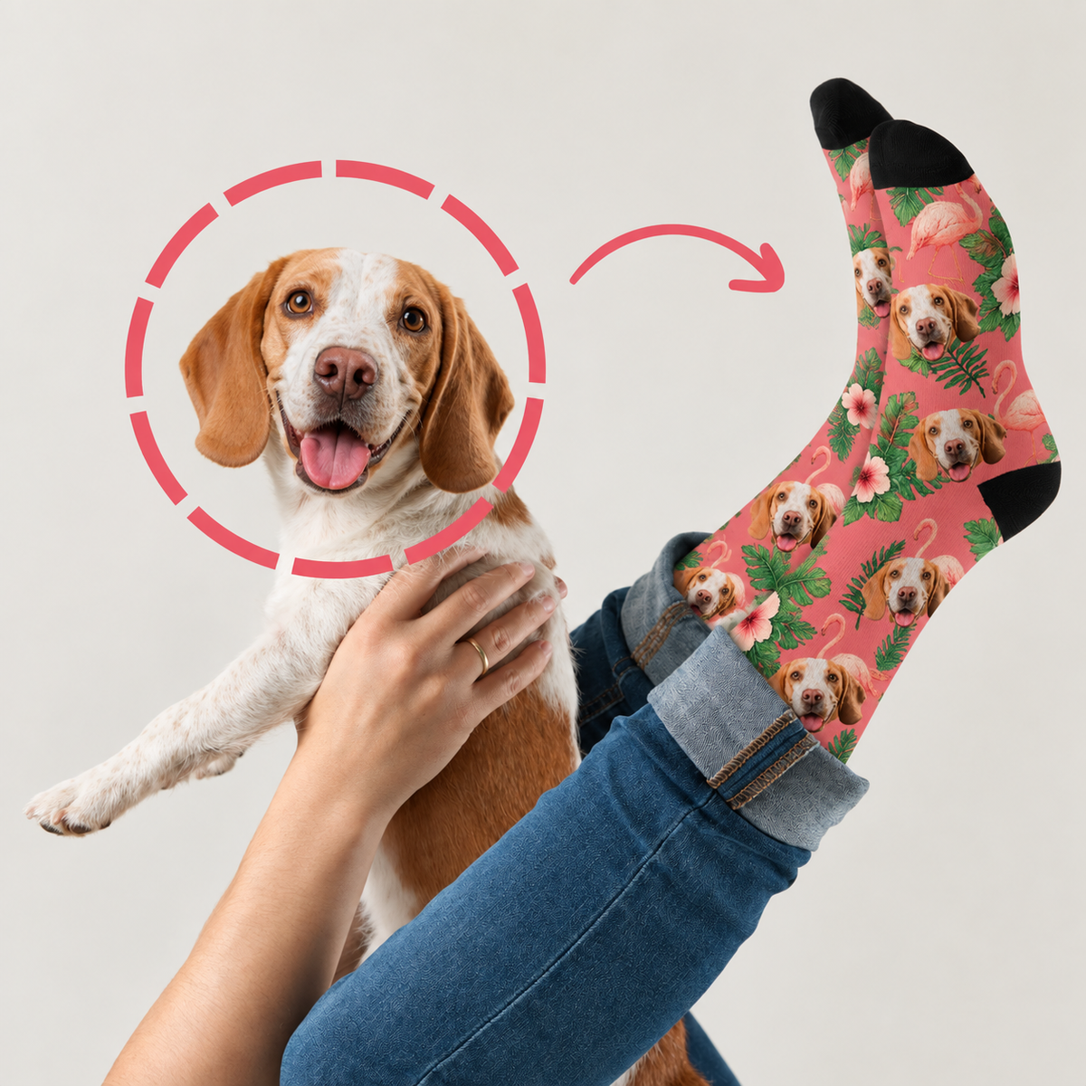 Personalized socks with colourful bird-of-paradise design, pink background and dog motifs. Cotton blend.