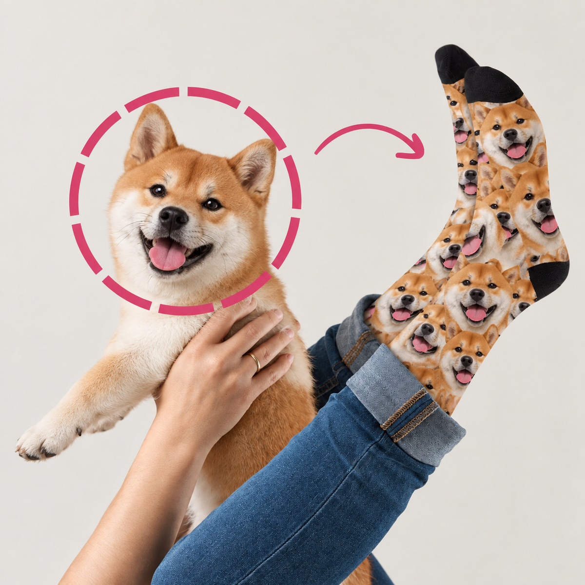 Personalized socks with photo pattern of Shiba Inu dogs, light brown with black accents.