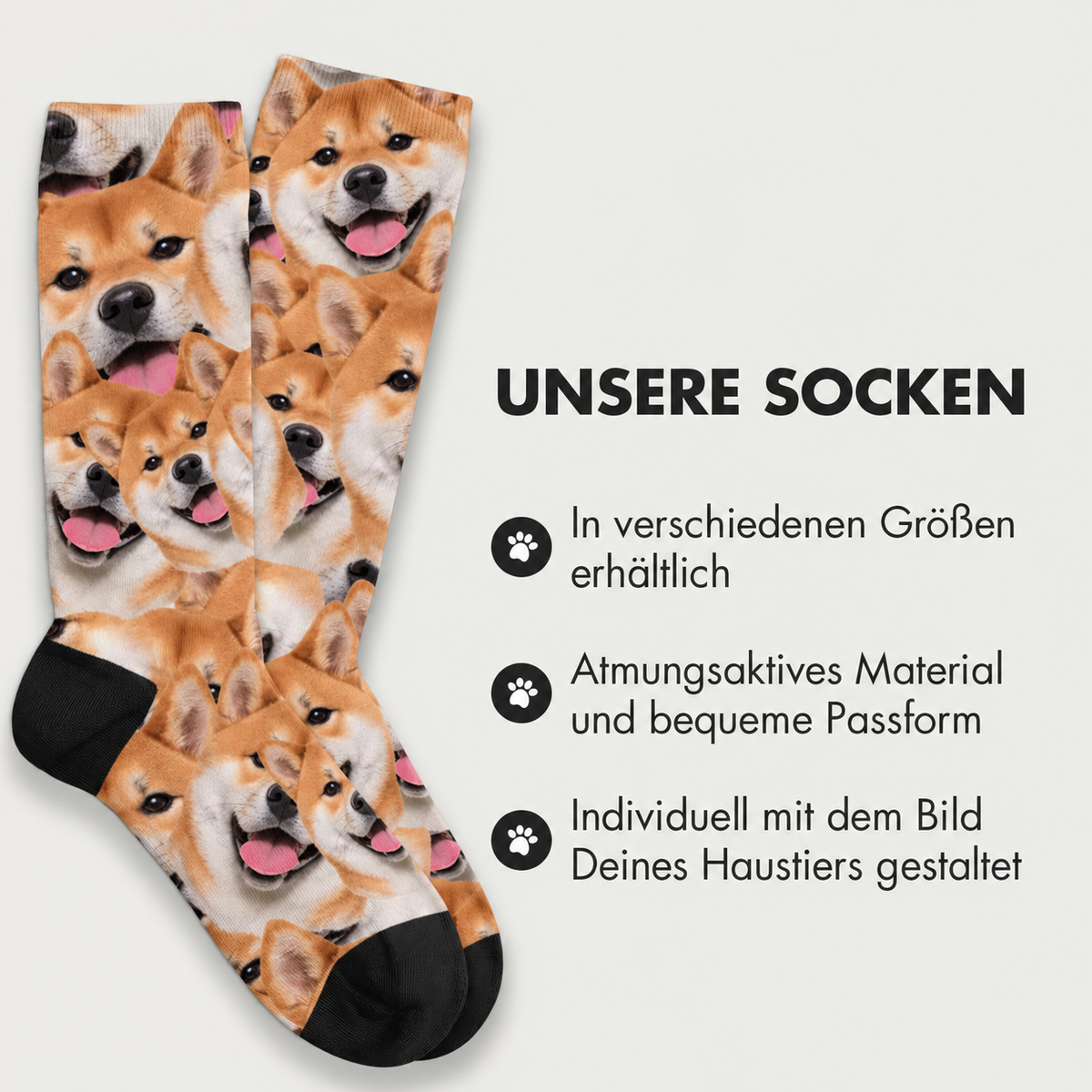 Personalized socks with photo pattern of Shiba Inu dogs, breathable material, black toes.