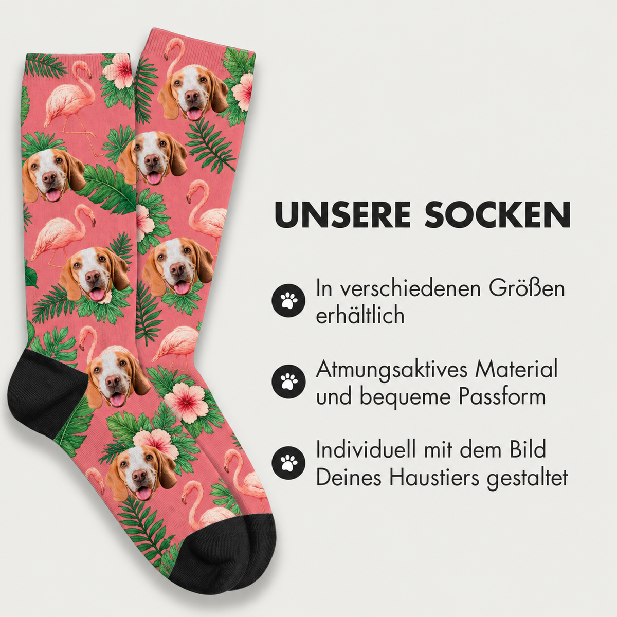 Personalized socks with colourful bird and pet motif on a pink background, made of breathable material.