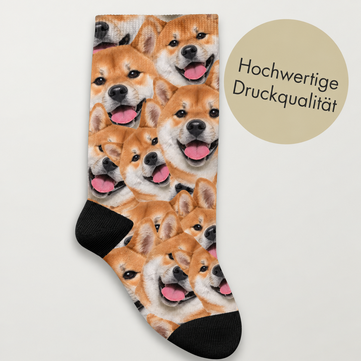 Personalized socks with a photo pattern of smiling dogs, soft fabric with black cuff.