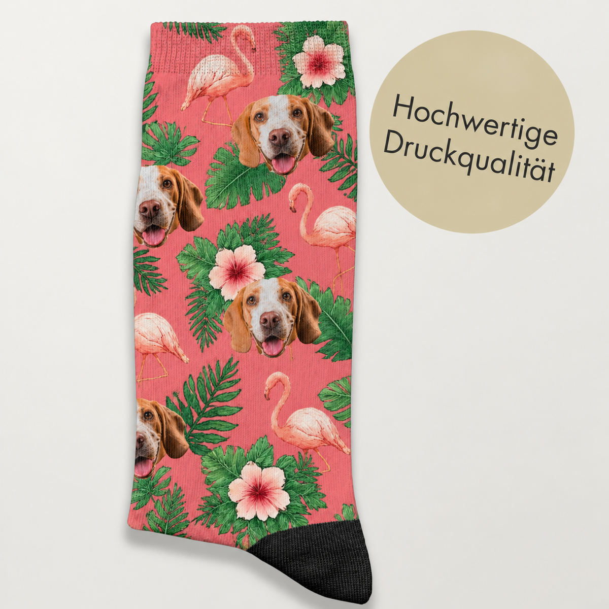 Coral socks with dog faces, flamingos and tropical plant motifs. High-quality print.