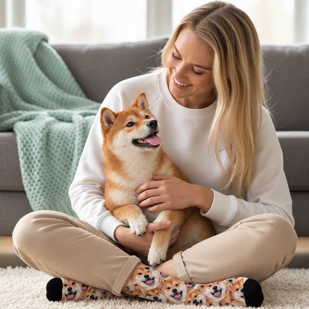 Personalized socks with wild photo pattern, detailed depiction of a Shiba Inu.