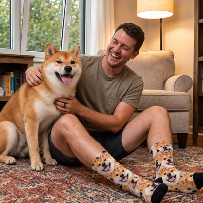 Personalized socks with a photo pattern of Shiba Inu dogs, colourful and made of high-quality material.