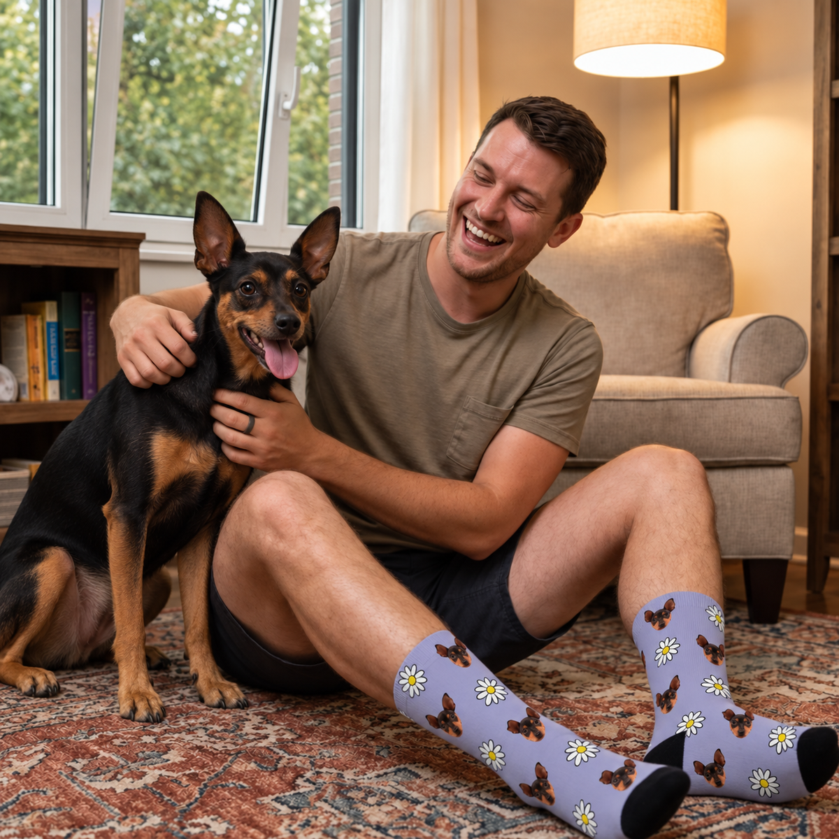 Personalized purple photo-pattern socks with flowers and dogs, worn by a person with a dog, side view.