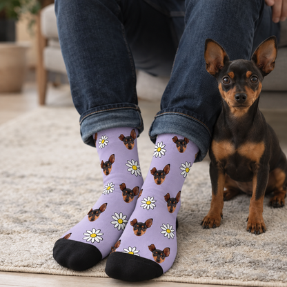 Personalized socks with purple background, dog pattern and white flowers. Comfortable fit with black toe.
