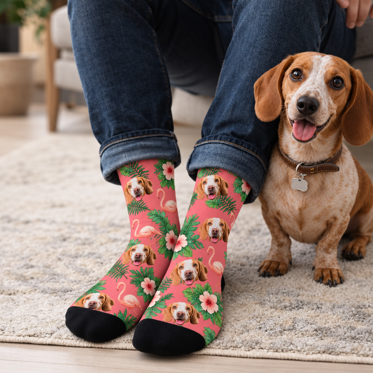 Personalized socks with dog motif on a pink background and black toes, decorated with plants and flamingos.
