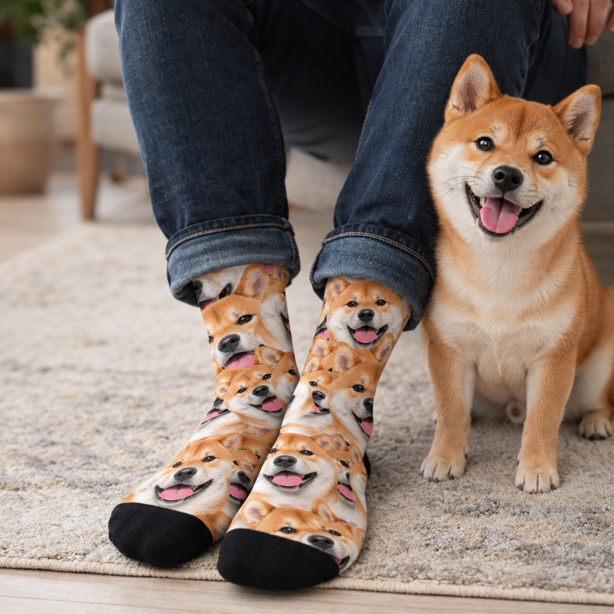 Personalized socks with wild photo pattern of Shiba Inu in bright colours, worn by a person.
