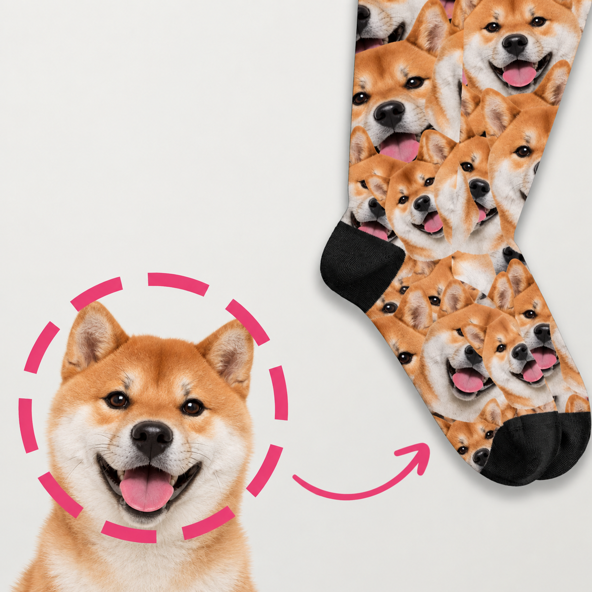 Socks with colourful photo pattern of dogs, black ribbed foot and black sole.