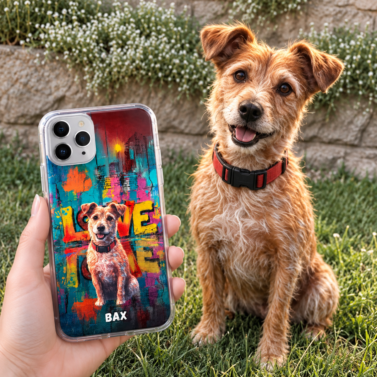 Personalized plastic phone case with colourful street-art design and dog motif.