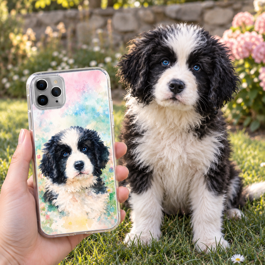 Clear phone case with watercolour dog motif, held by a person outdoors.