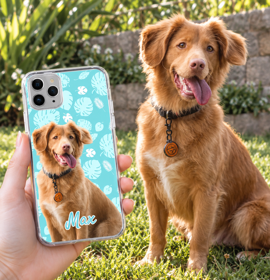 Personalized clear phone case with a dog photo and light blue plant design.