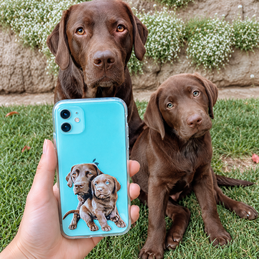 Personalized clear phone case with dog portrait, held by a person in front of two Labradors outdoors.